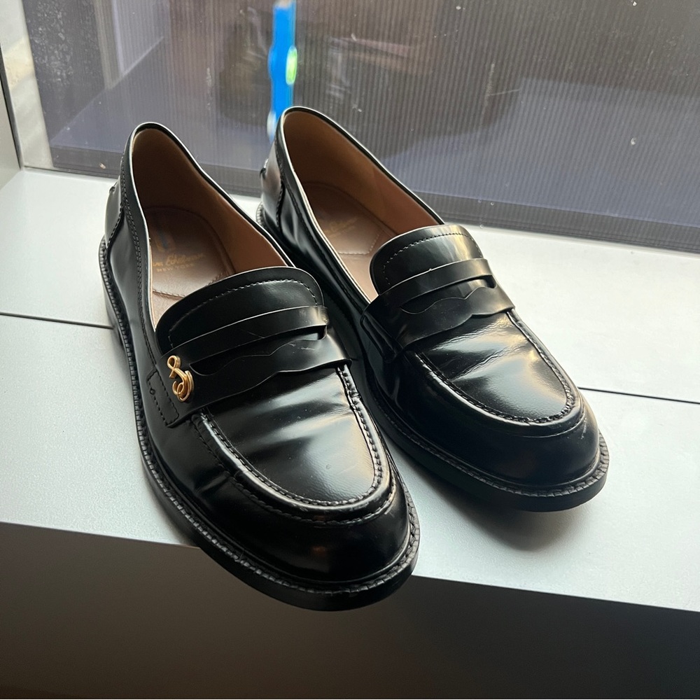 Black Leather Penny Loafers with Gold Accent
